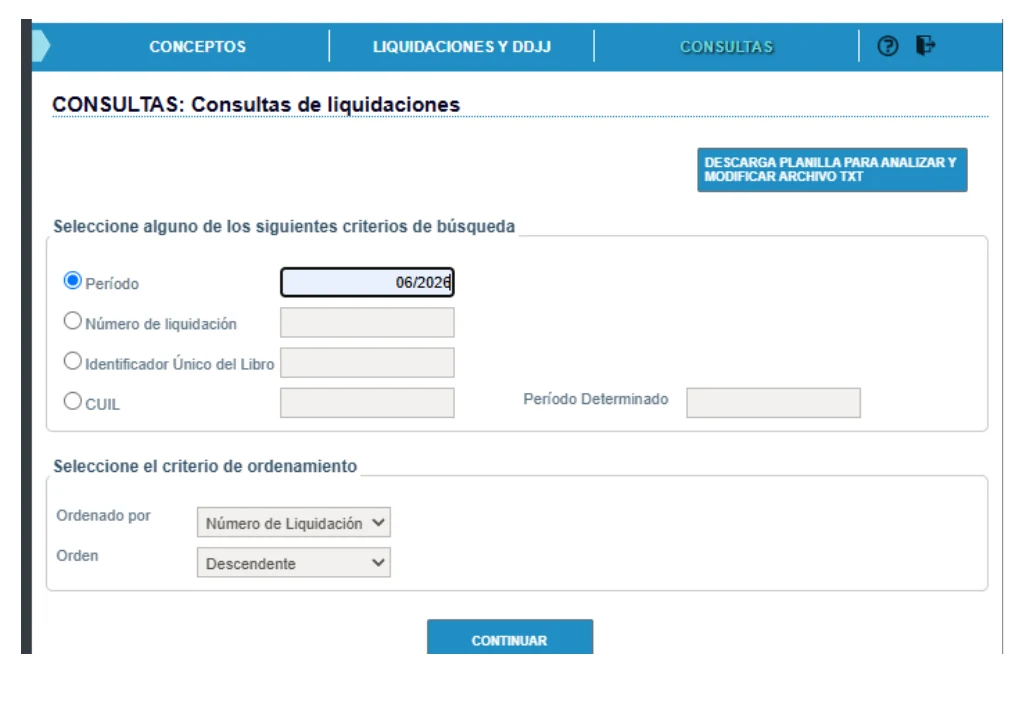 Pantalla de consulta por período en Libro de Sueldos Digital