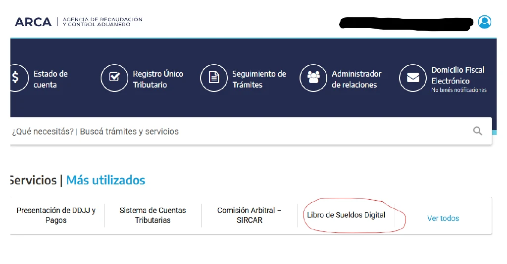 Portal de ARCA con el servicio Libro de Sueldos Digital señalado